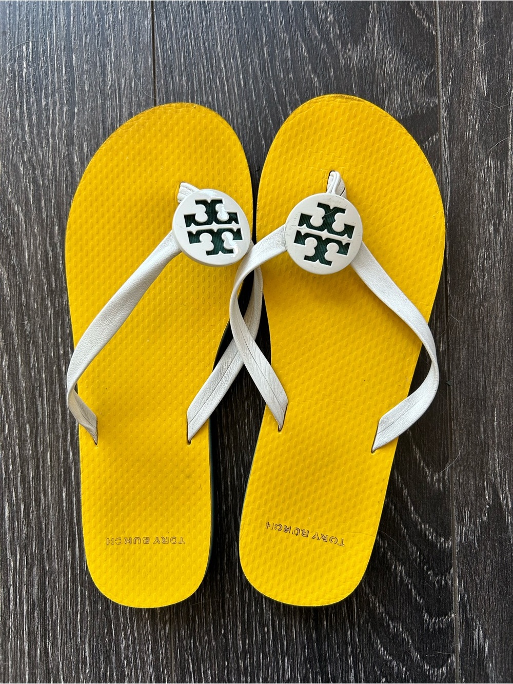 Tory Burch women Yellow Flip Flops with White Straps and Logo